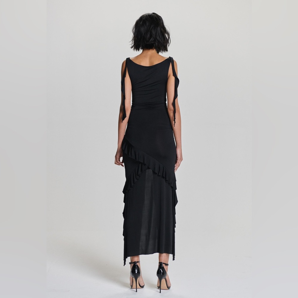 CELINE DRESS 🖤 - Beautiful Black Sleek High-Low Ruffle by Ahiri - Small - NWT - Picture 3 of 5